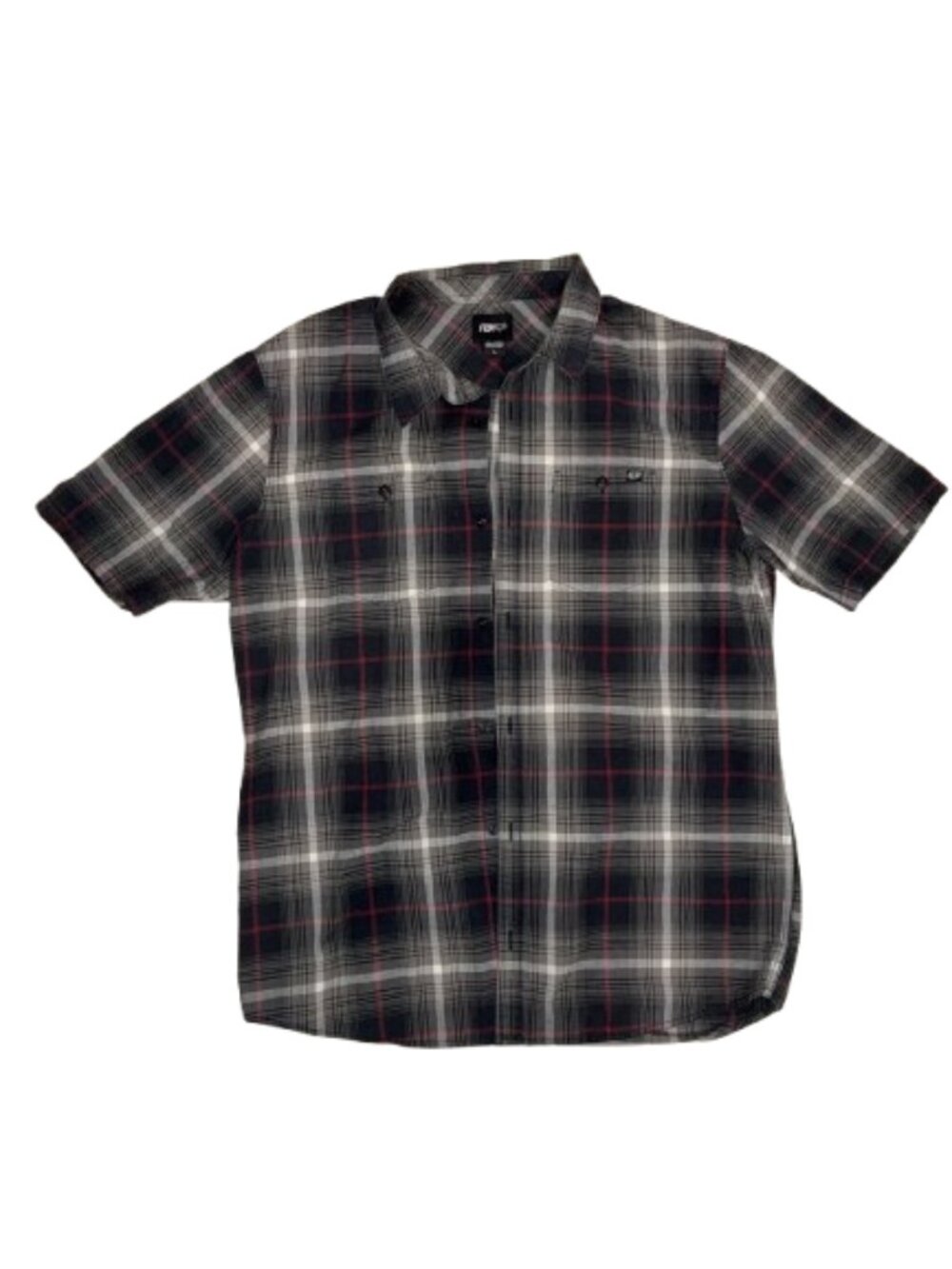 Fox men’s Large Black and Red Plaid Button-Up short sleeve Shirt collared